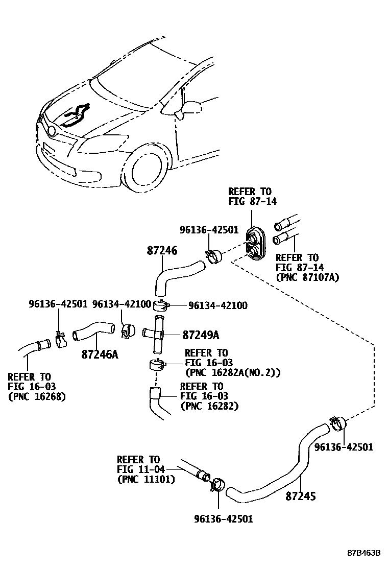Toyota COROLLA 暖风和空调系统 - 水管 EPC diagram — 87B463B