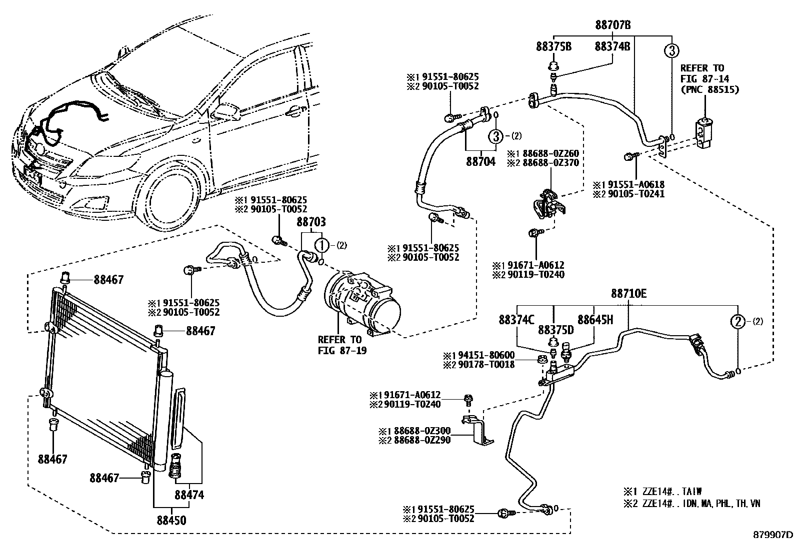 Toyota COROLLA Heating & Air Conditioning - Cooler Piping EPC diagram — 879907D