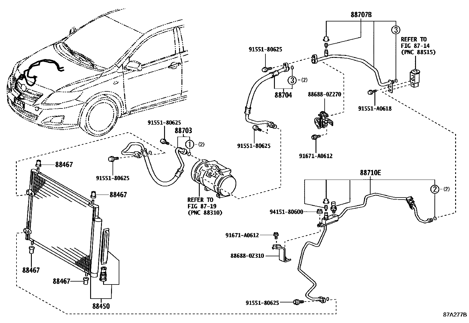 Toyota COROLLA Heating & Air Conditioning - Cooler Piping EPC diagram — 87A277B