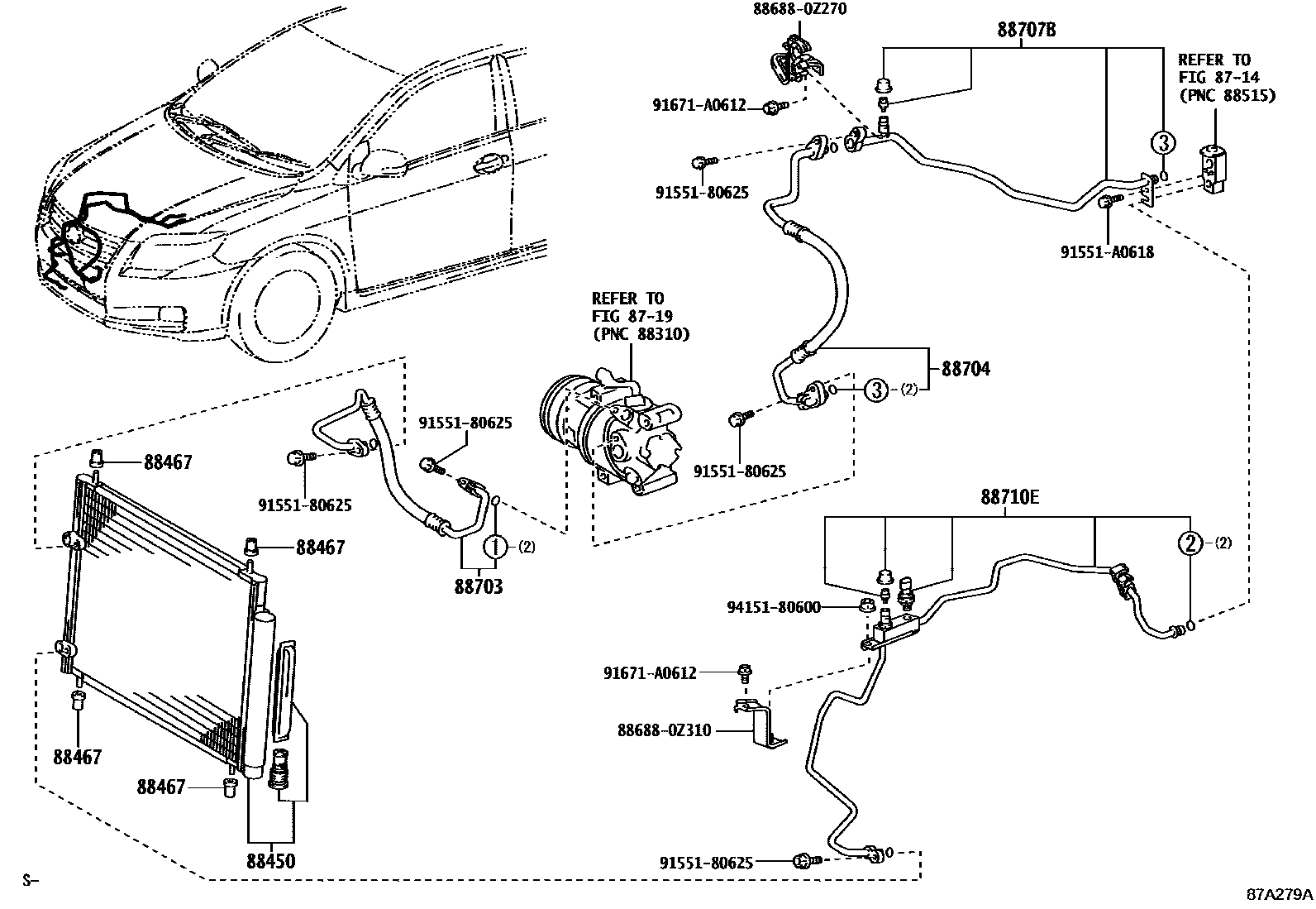 Toyota COROLLA Heating & Air Conditioning - Cooler Piping EPC diagram — 87A279A