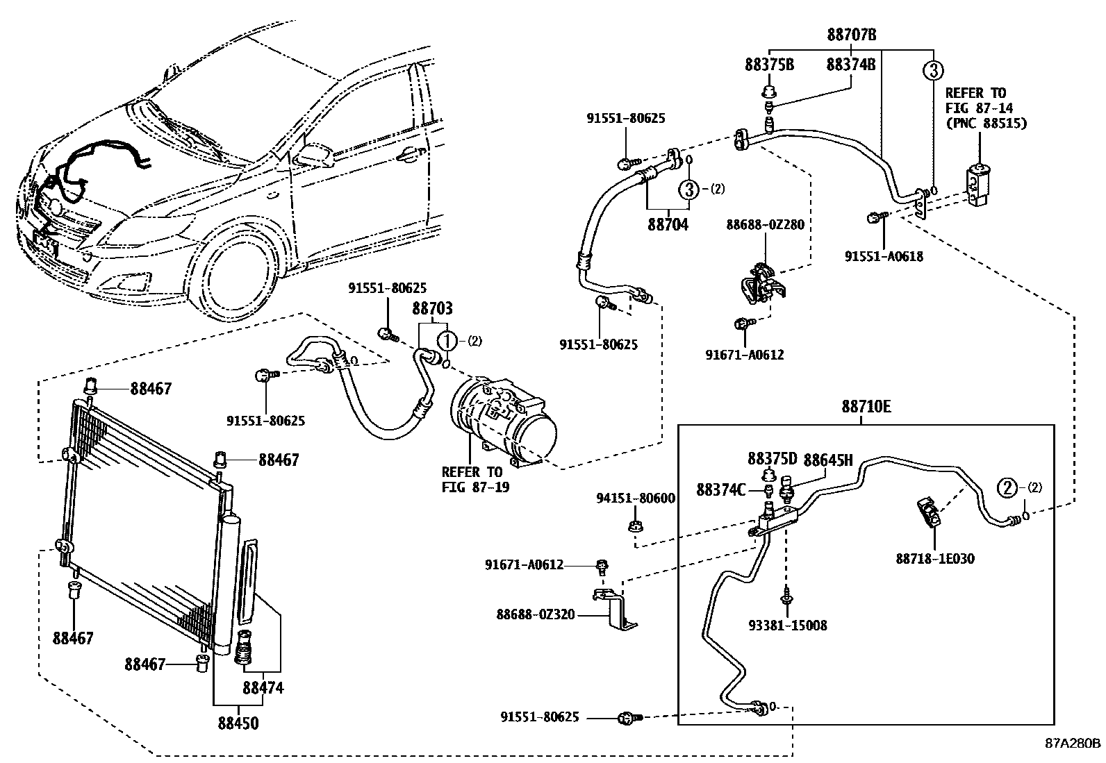 Toyota COROLLA Heating & Air Conditioning - Cooler Piping EPC diagram — 87A280B