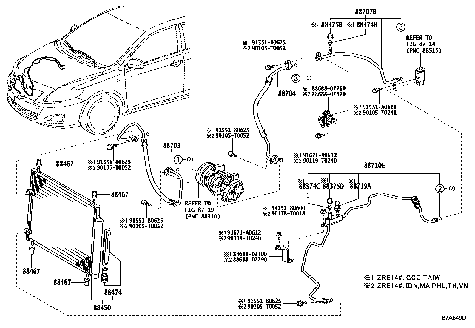 Toyota COROLLA Heating & Air Conditioning - Cooler Piping EPC diagram — 87A649D