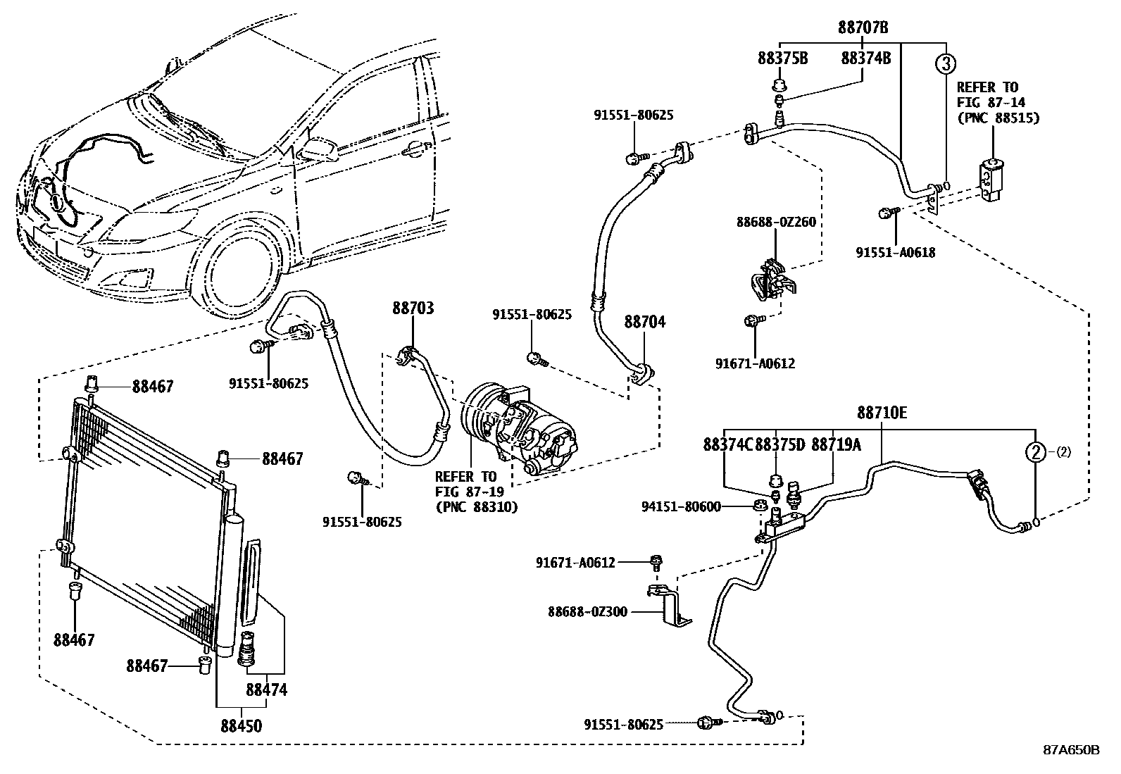 Toyota COROLLA Heating & Air Conditioning - Cooler Piping EPC diagram — 87A650B