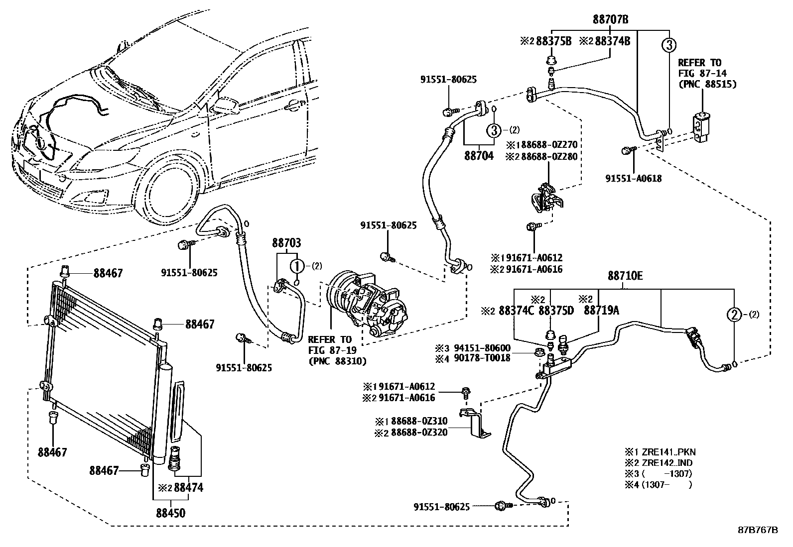 Toyota COROLLA Heating & Air Conditioning - Cooler Piping EPC diagram — 87B767B