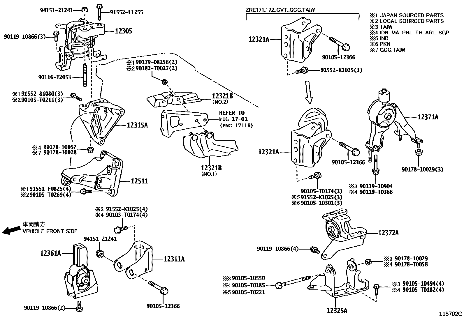 Toyota COROLLA Engine Mounting EPC diagram — 118702G