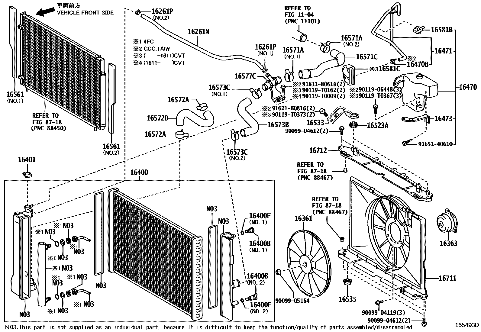 Toyota COROLLA RADIATOR & WATER OUTLET EPC diagram — 165493D