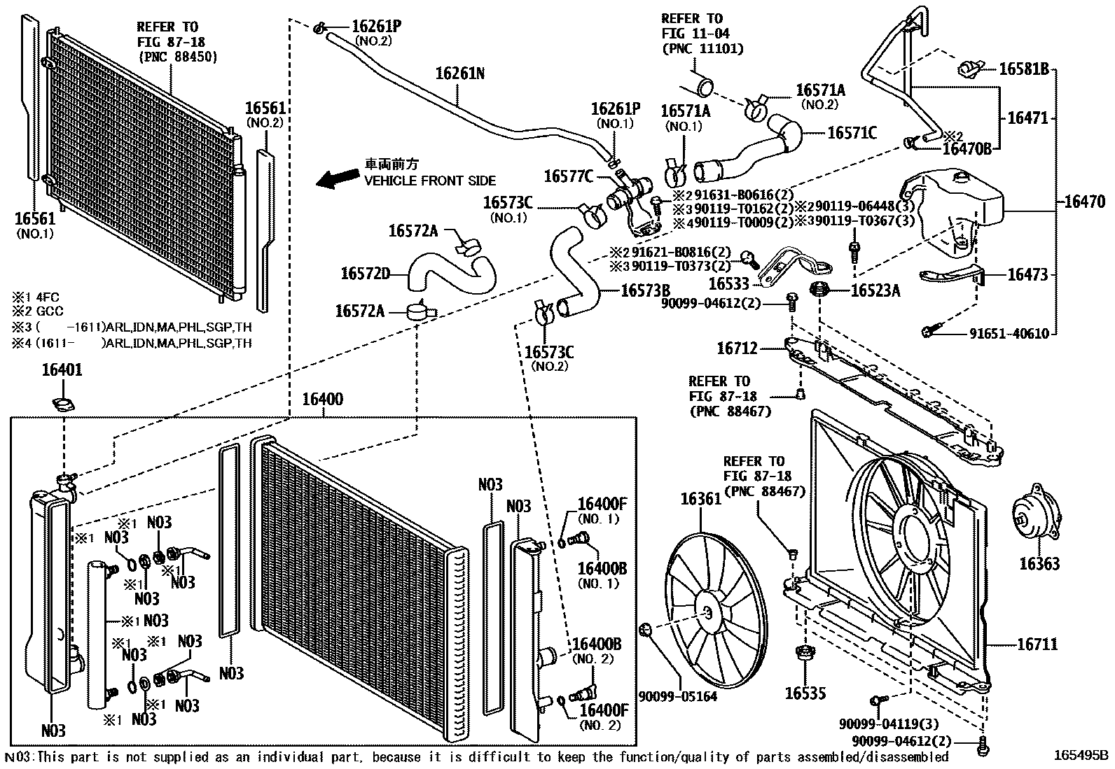 Toyota COROLLA RADIATOR & WATER OUTLET EPC diagram — 165495B