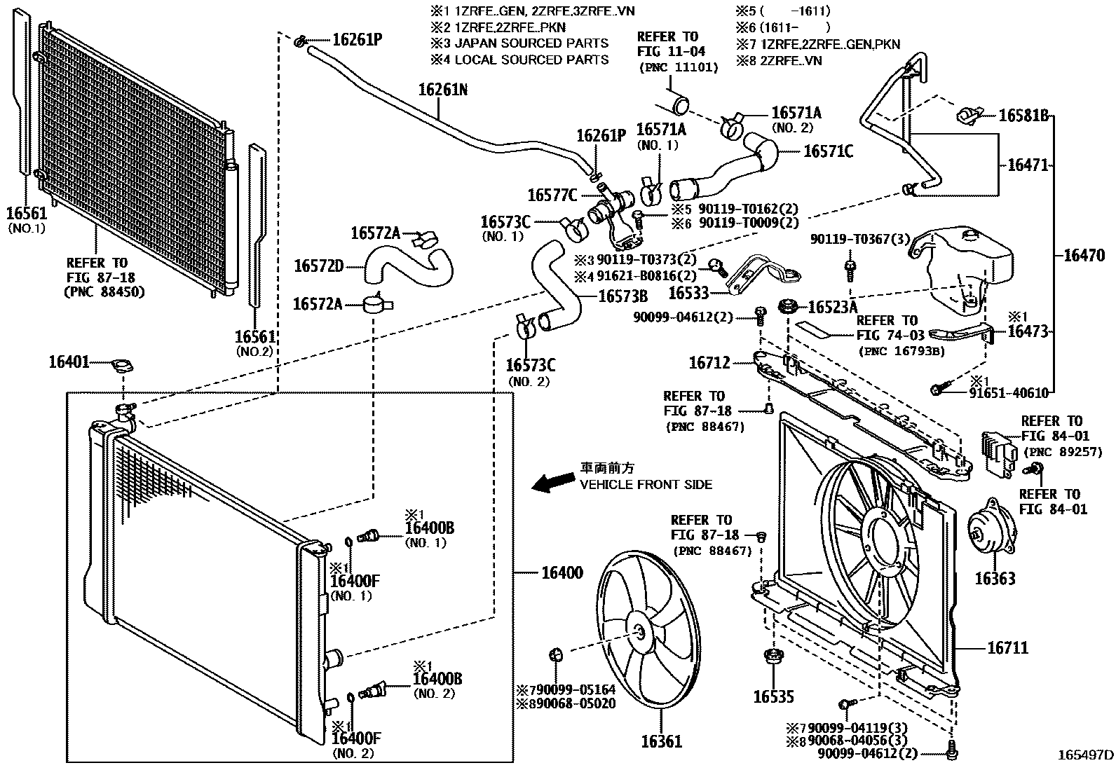 Toyota COROLLA RADIATOR & WATER OUTLET EPC diagram — 165497D