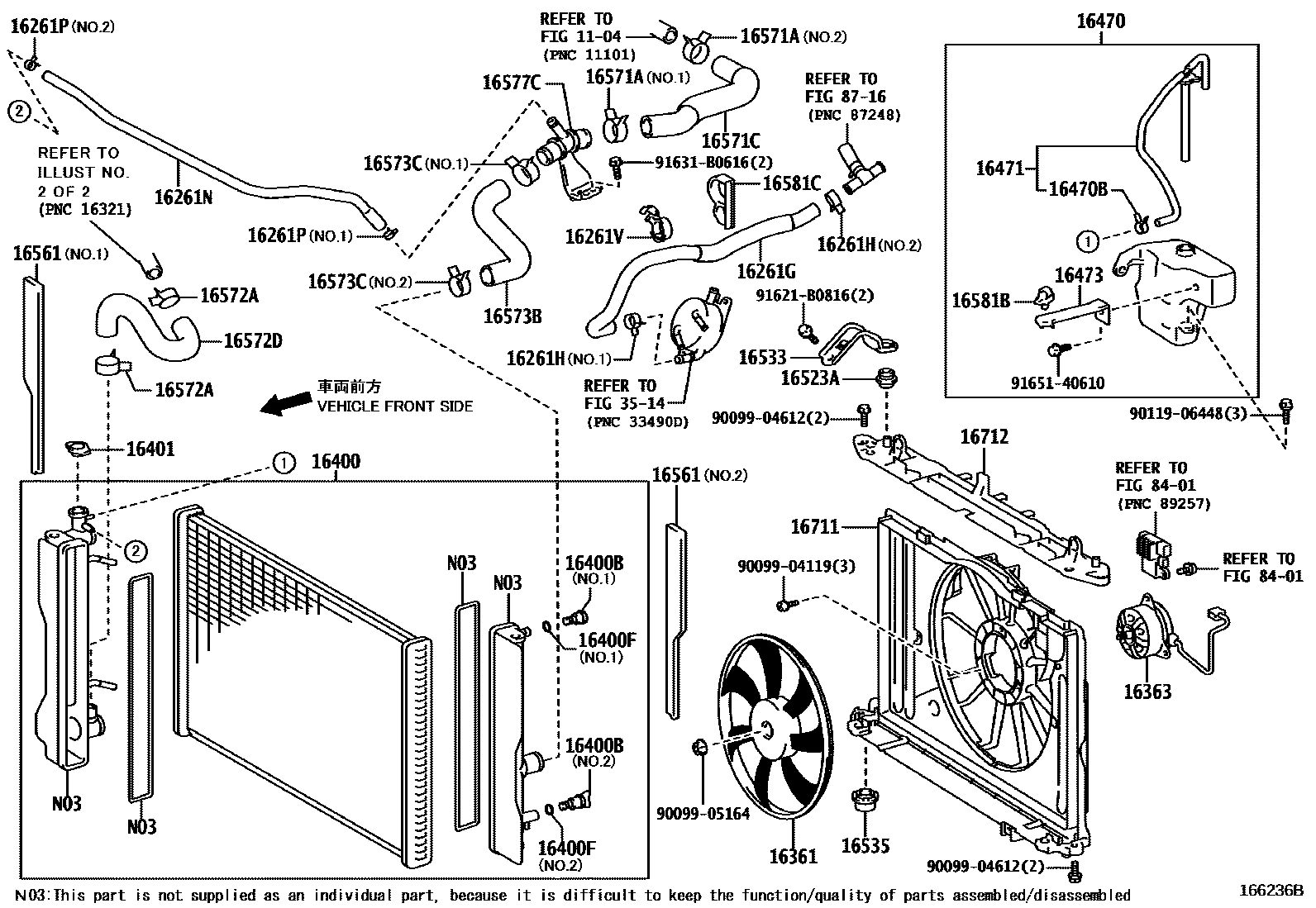 Toyota COROLLA RADIATOR & WATER OUTLET EPC diagram — 166236B