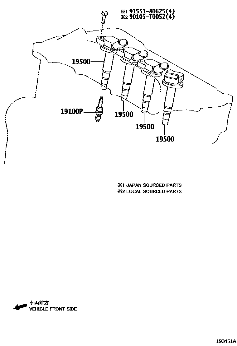 Toyota COROLLA 点火线圈和火花塞 /电热塞 EPC diagram — 193451A