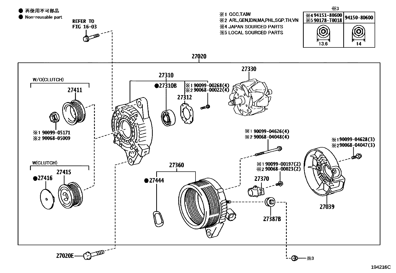 Toyota COROLLA Alternator EPC diagram — 194216C