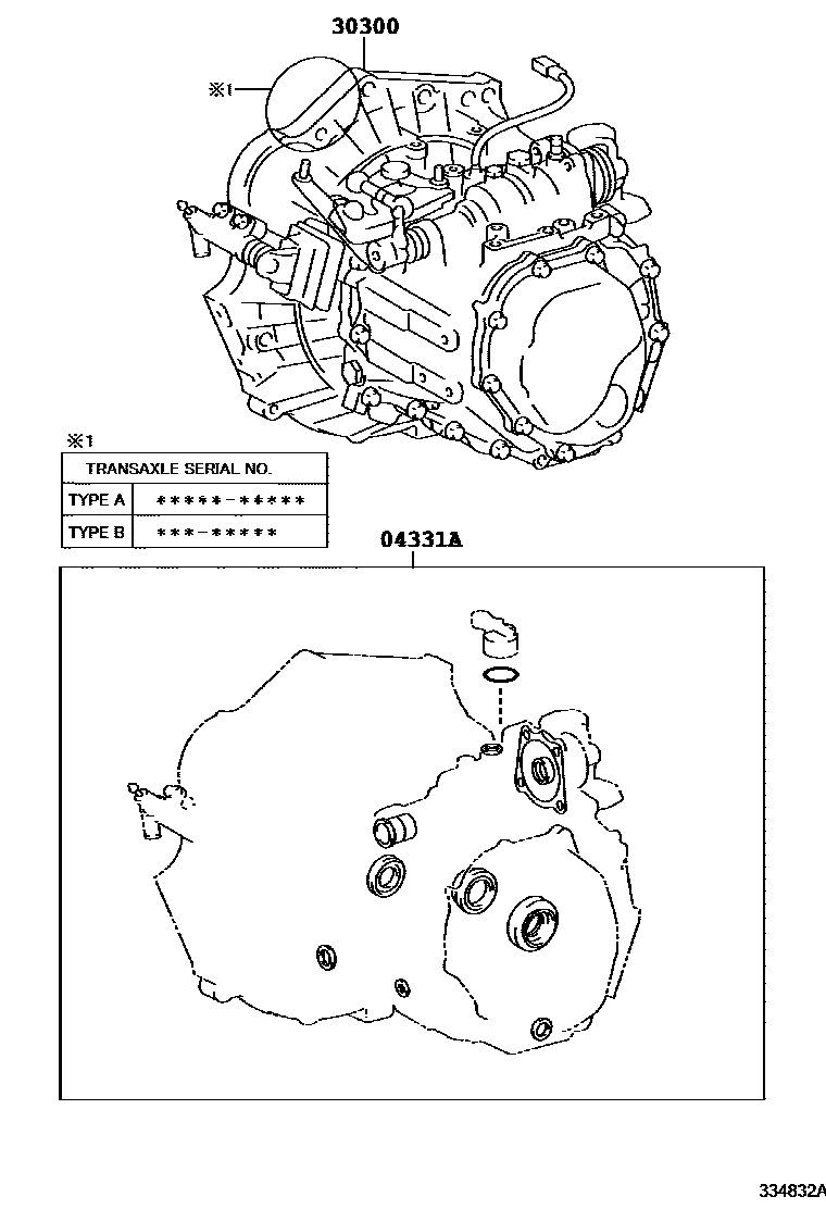 Toyota COROLLA 传动桥或变速器总成和衬垫组件(MTM) EPC diagram — 334832A