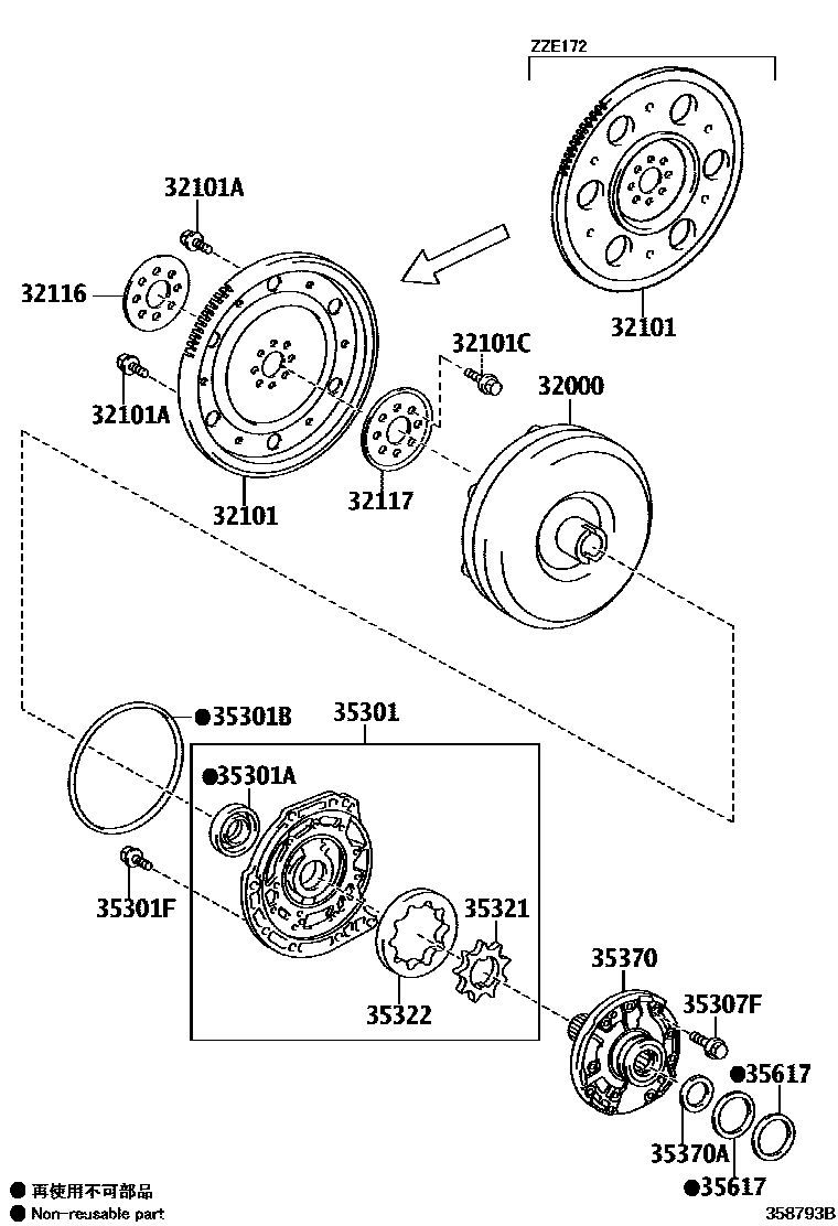 Toyota COROLLA 变矩器、前油泵和链条(ATM) EPC diagram — 358793B