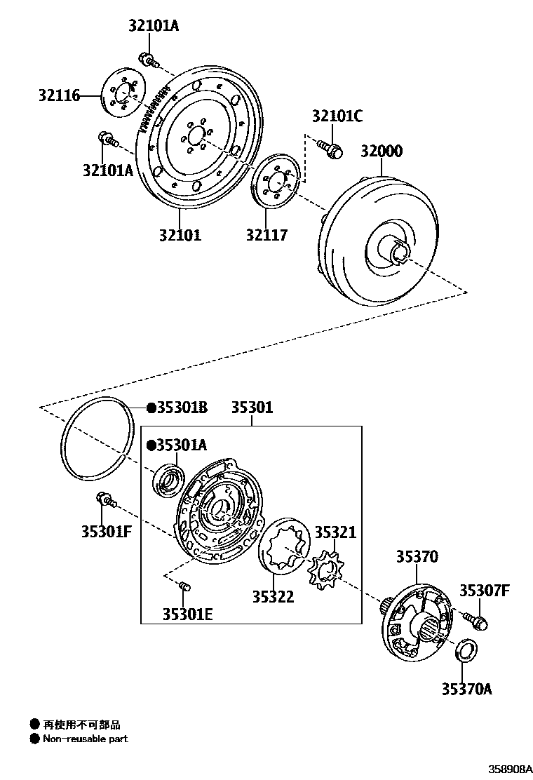 Toyota COROLLA 变矩器、前油泵和链条(ATM) EPC diagram — 358908A