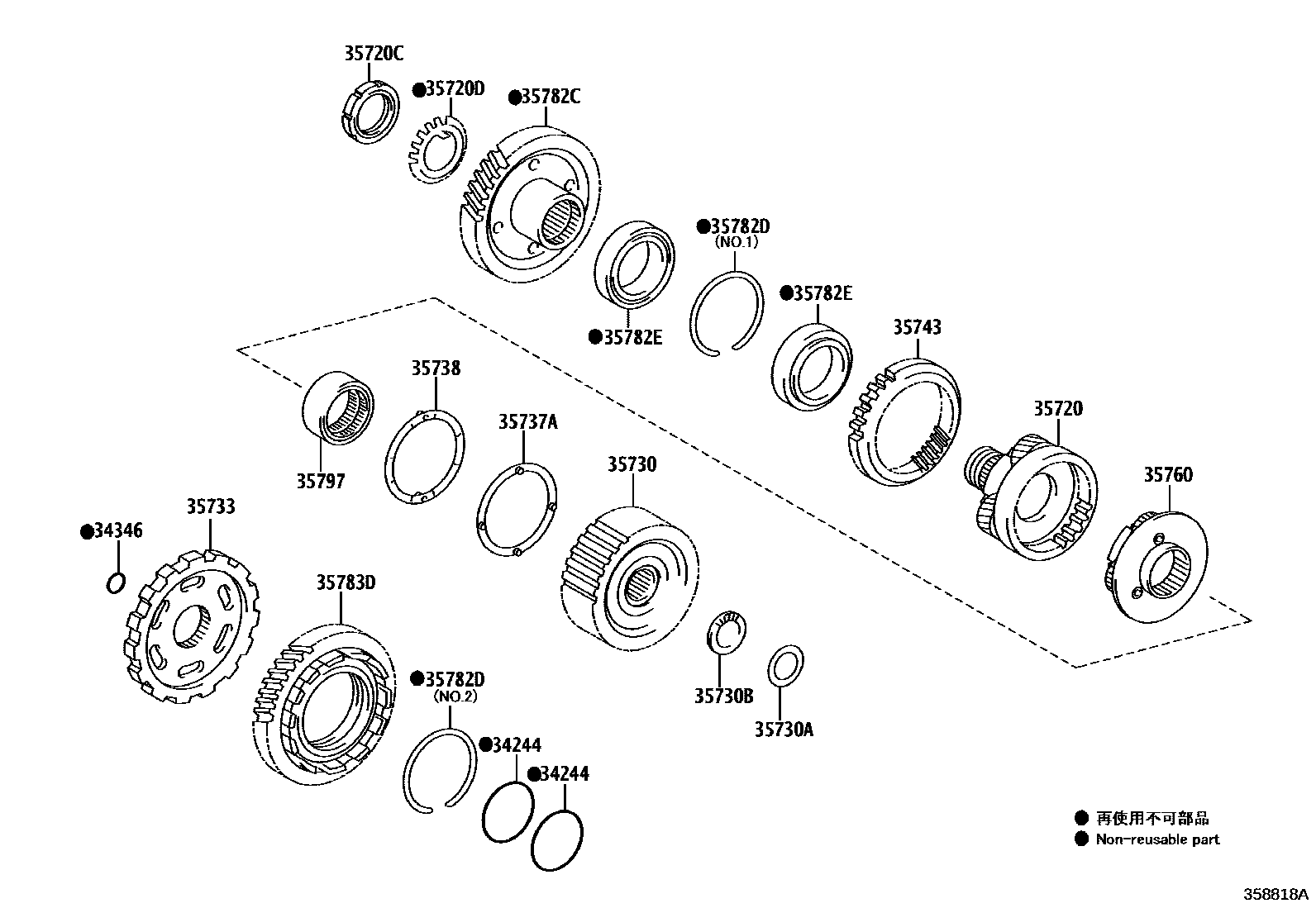 Toyota COROLLA 行星齿轮、倒档活塞和中间轴齿轮(ATM) EPC diagram — 358818A