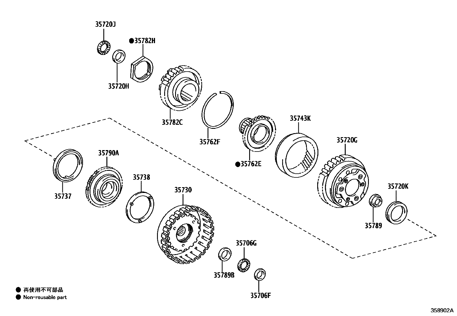 Toyota COROLLA 行星齿轮、倒档活塞和中间轴齿轮(ATM) EPC diagram — 358902A