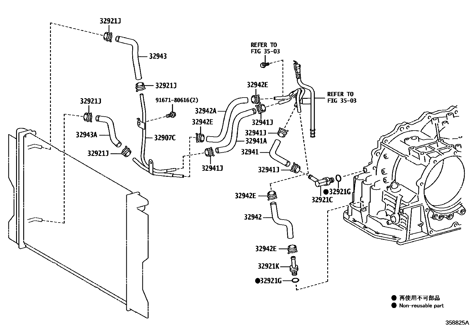 Toyota COROLLA 变速器油冷却器和配管(ATM) EPC diagram — 358825A