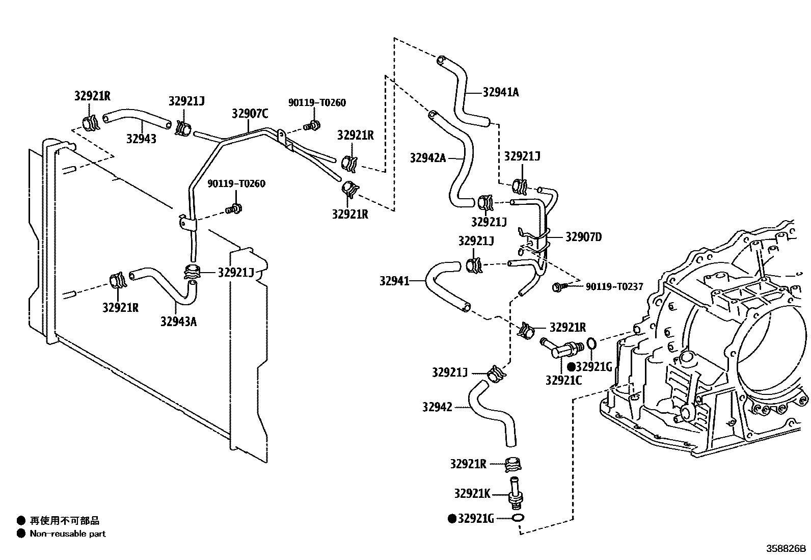 Toyota COROLLA 变速器油冷却器和配管(ATM) EPC diagram — 358826B