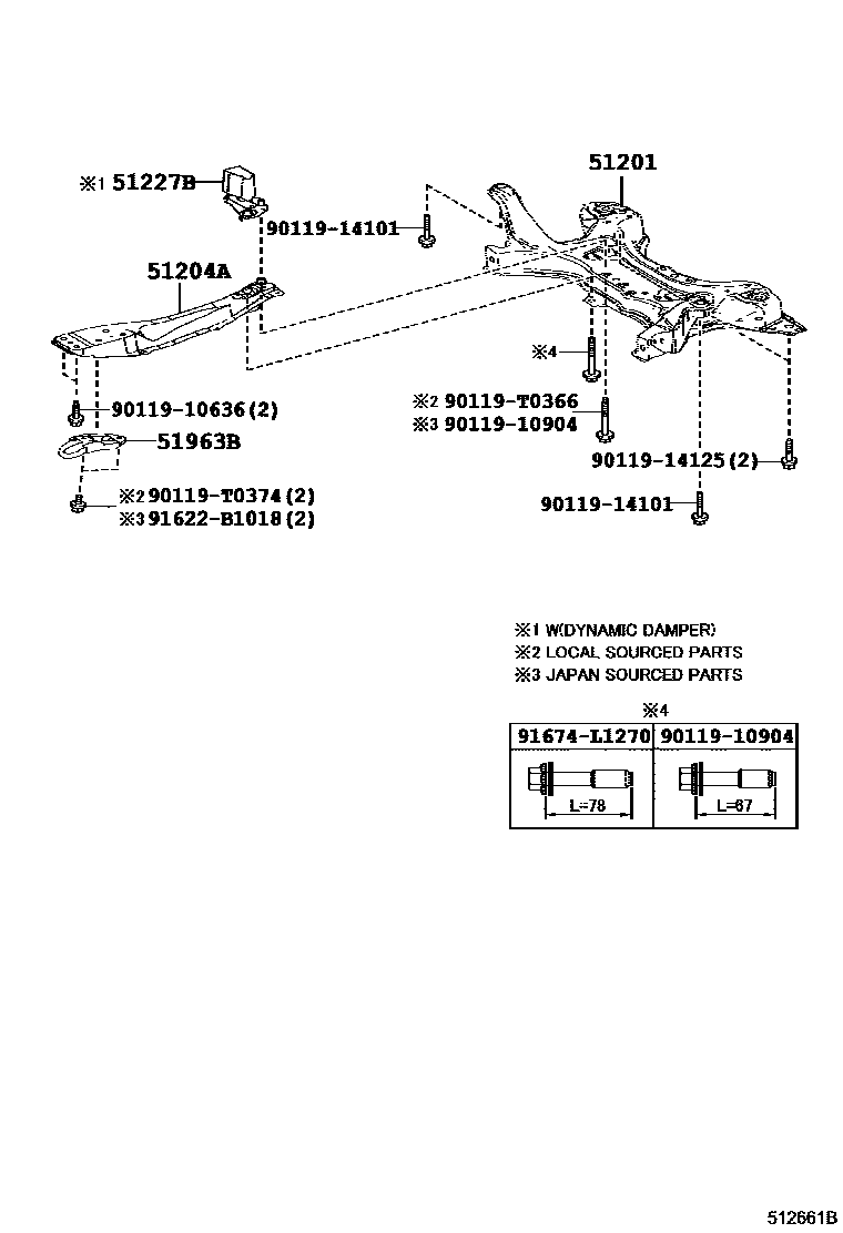 Toyota COROLLA 悬架横梁和发动机底罩 EPC diagram — 512661B