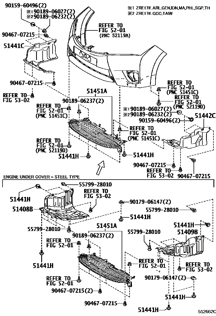Toyota COROLLA 悬架横梁和发动机底罩 EPC diagram — 512662C