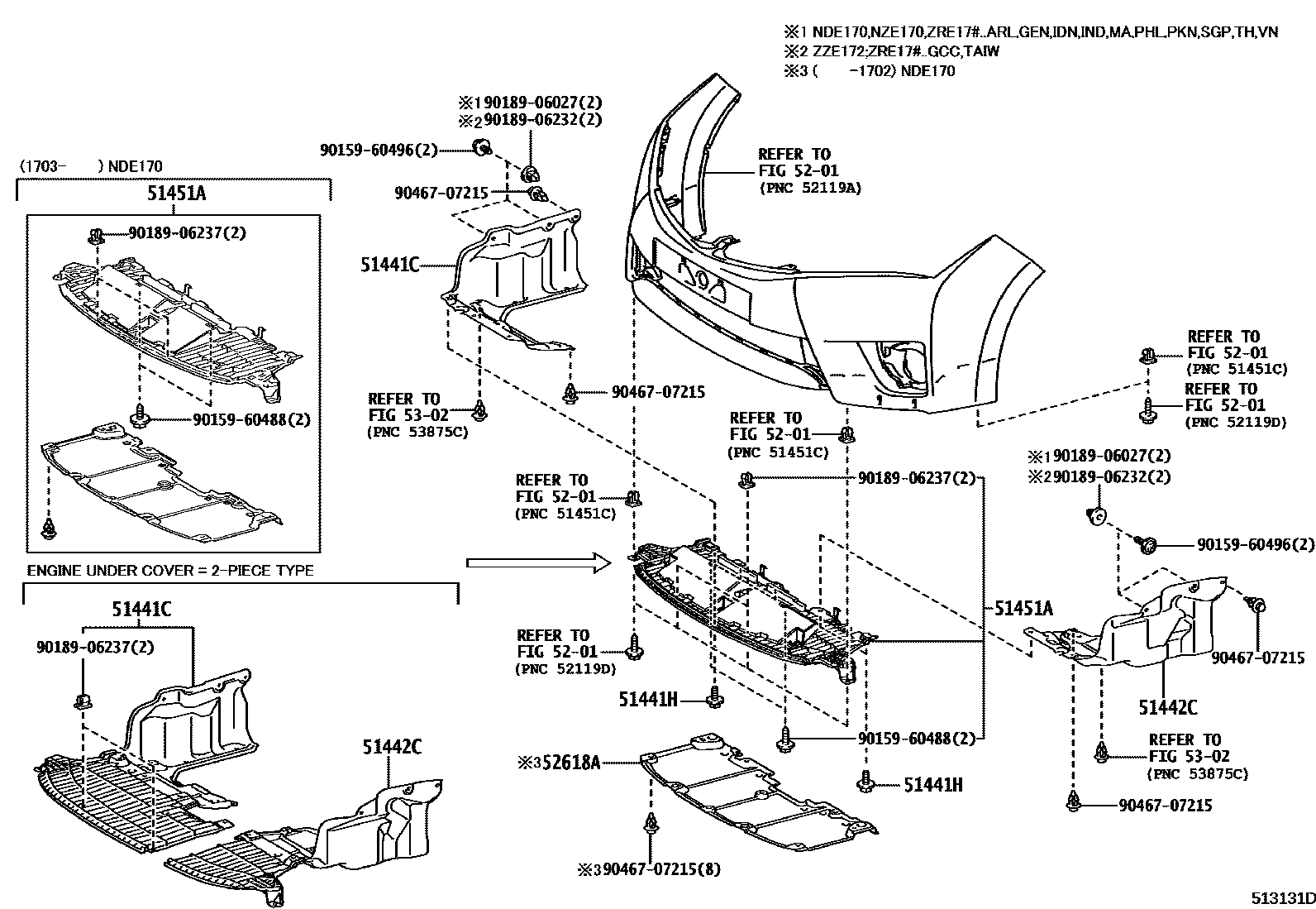 Toyota COROLLA 悬架横梁和发动机底罩 EPC diagram — 513131D