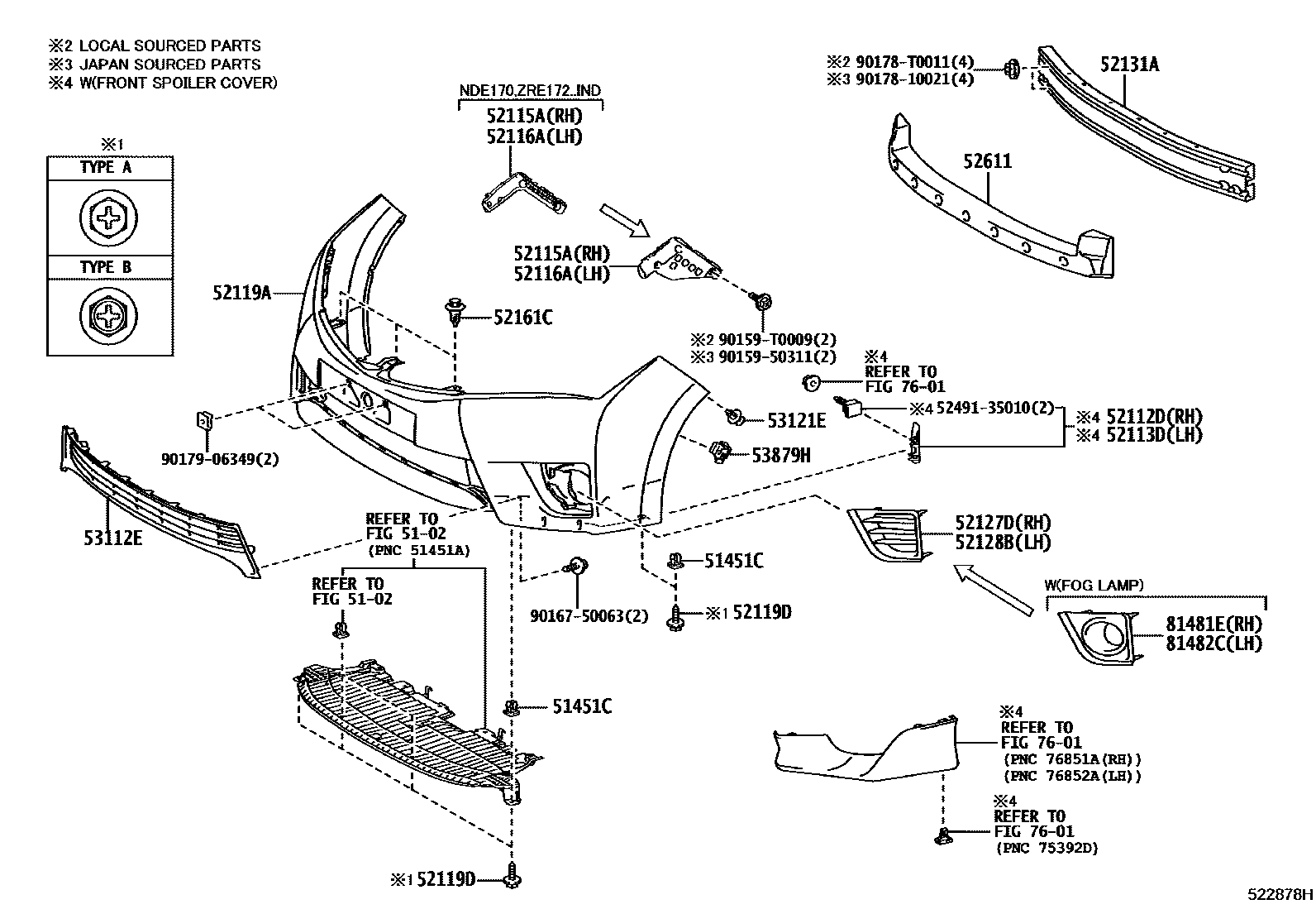Toyota COROLLA 前保险杠及附件 EPC diagram — 522878H