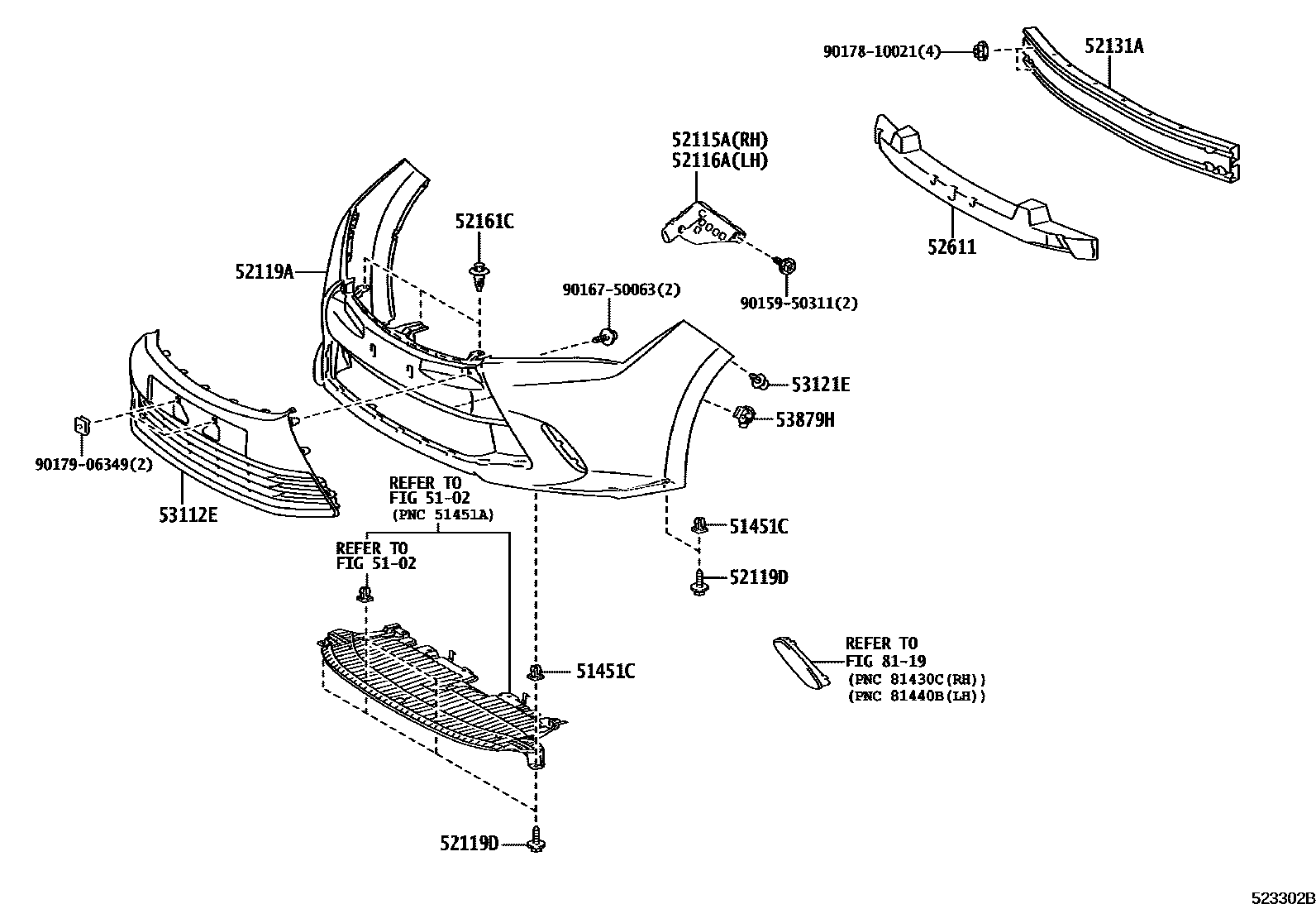 Toyota COROLLA 前保险杠及附件 EPC diagram — 523302B