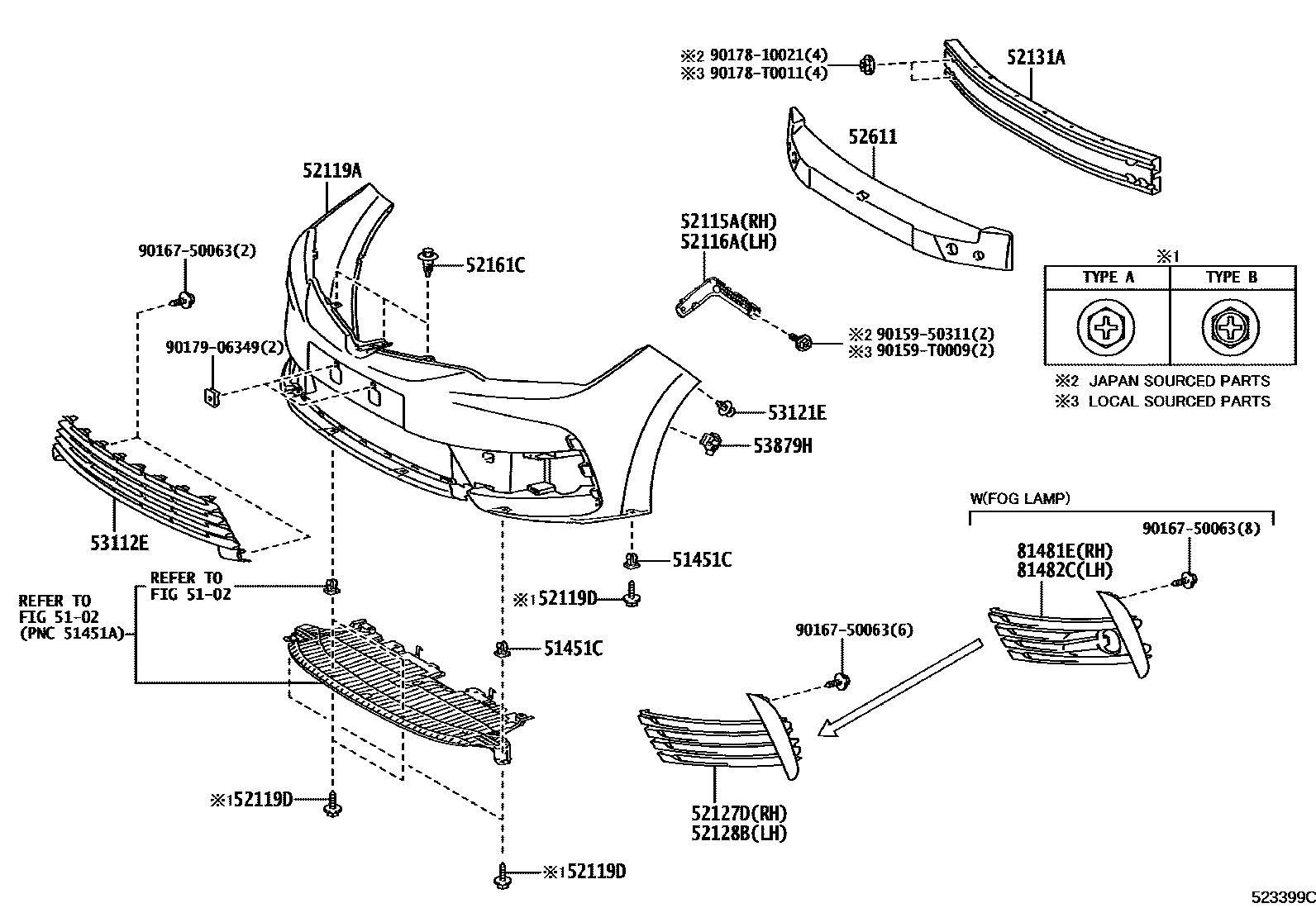 Toyota COROLLA 前保险杠及附件 EPC diagram — 523399C