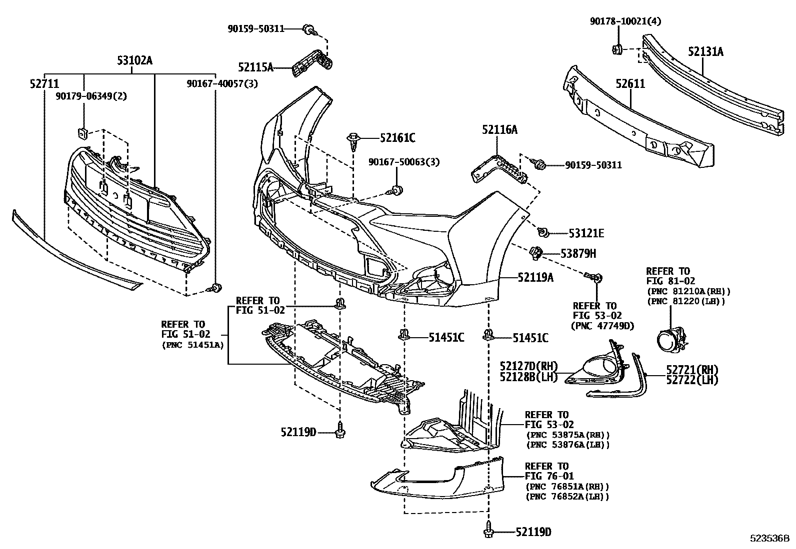 Toyota COROLLA 前保险杠及附件 EPC diagram — 523536B