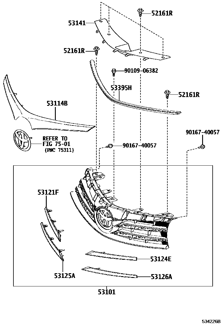 Toyota COROLLA radiator grille EPC diagram — 534226B