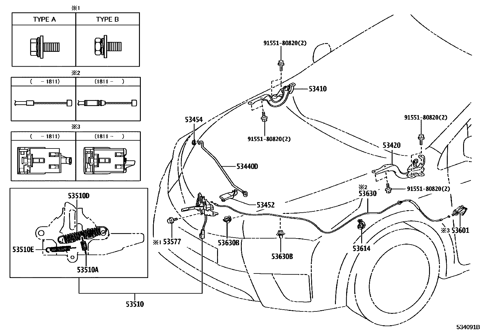Toyota COROLLA 发动机盖锁和铰链 EPC diagram — 534091B
