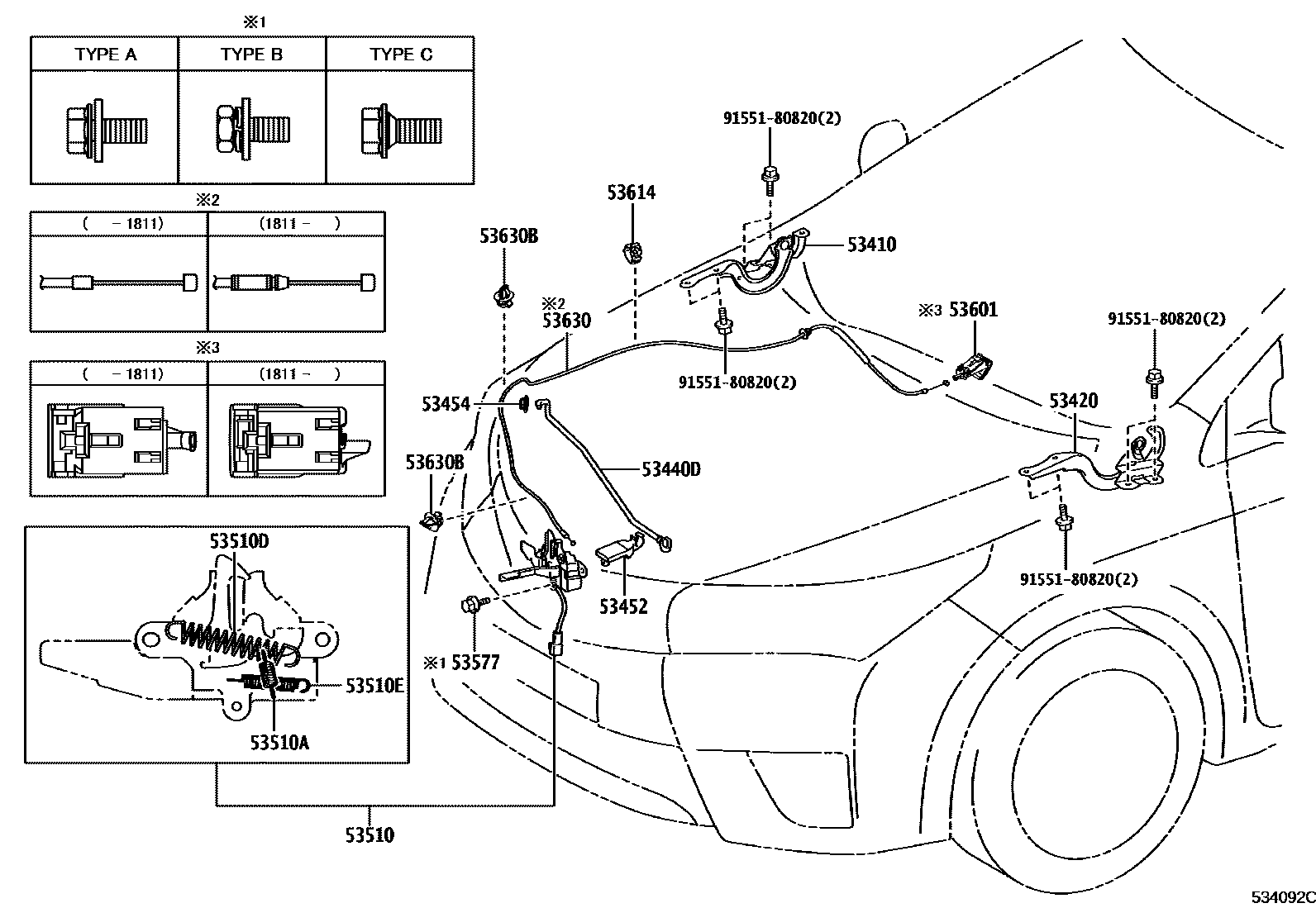 Toyota COROLLA 发动机盖锁和铰链 EPC diagram — 534092C