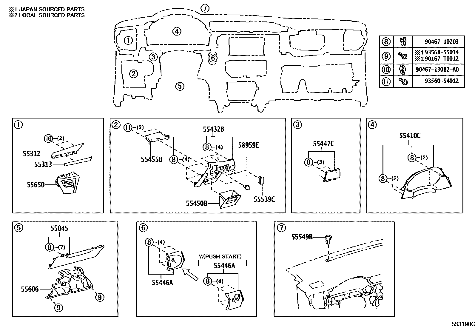 Toyota COROLLA 仪表板和手套箱 EPC diagram — 553198G
