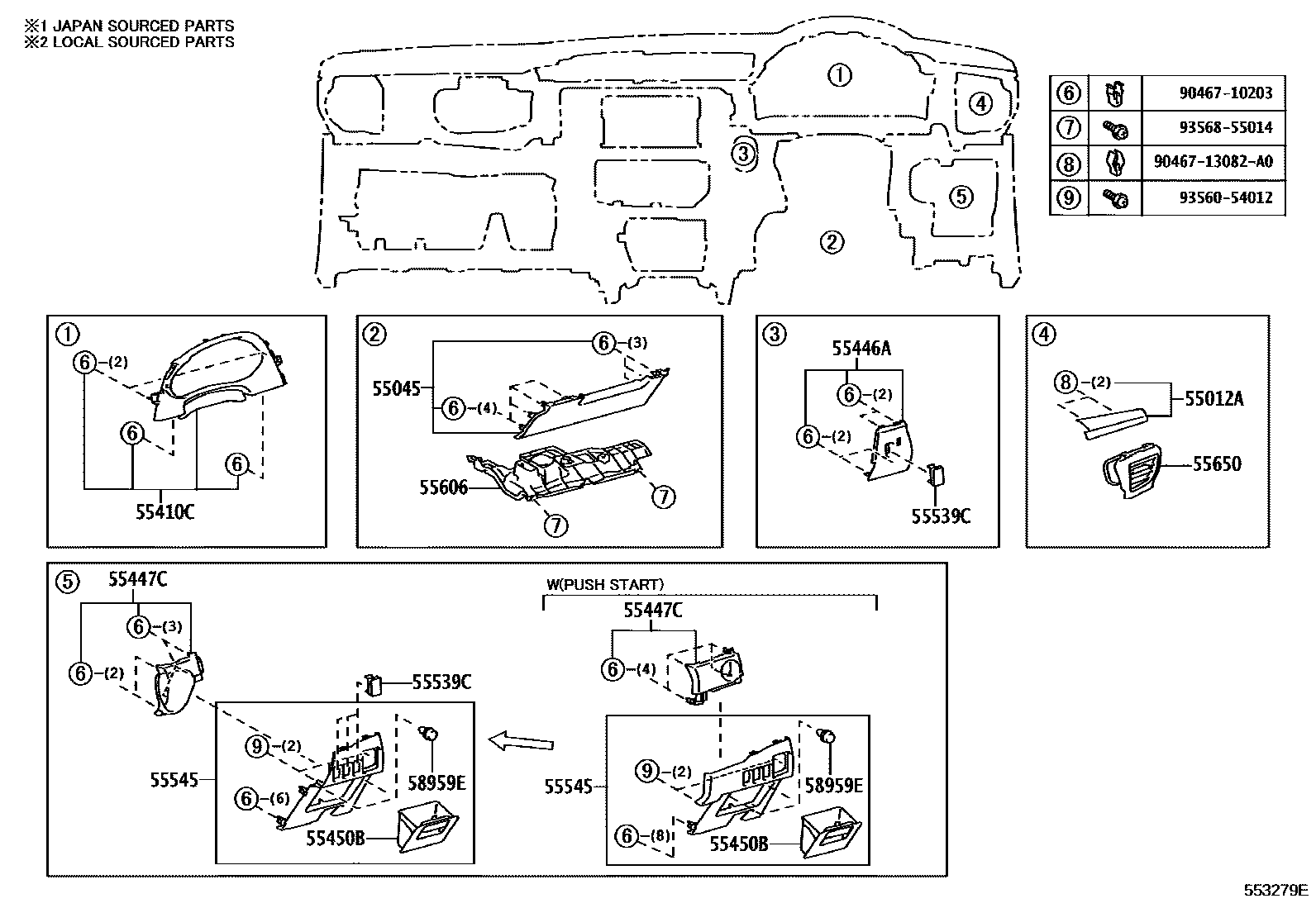 Toyota COROLLA 仪表板和手套箱 EPC diagram — 553279E