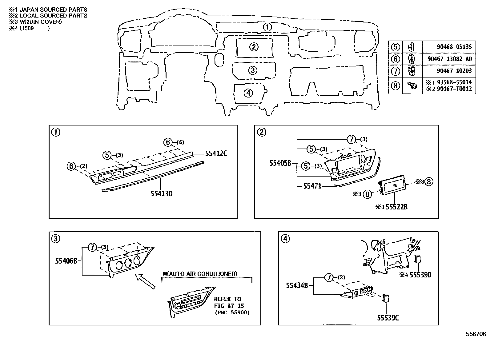 Toyota COROLLA 仪表板和手套箱 EPC diagram — 556706