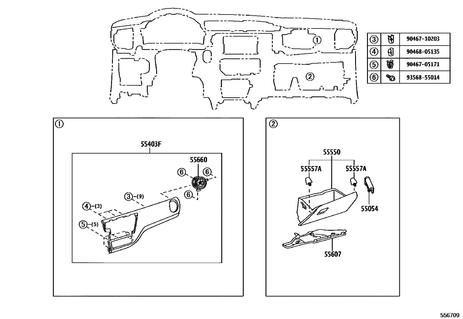 Toyota COROLLA 仪表板和手套箱 EPC diagram — 556709