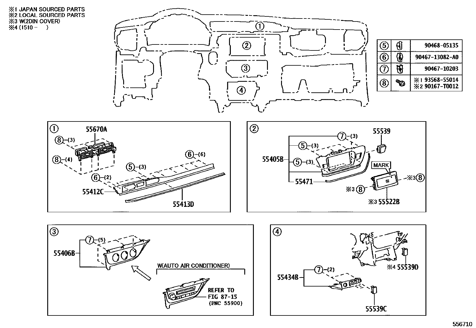 Toyota COROLLA 仪表板和手套箱 EPC diagram — 556710