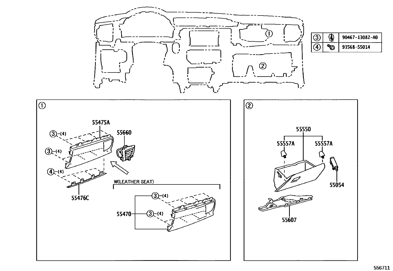 Toyota COROLLA 仪表板和手套箱 EPC diagram — 556711
