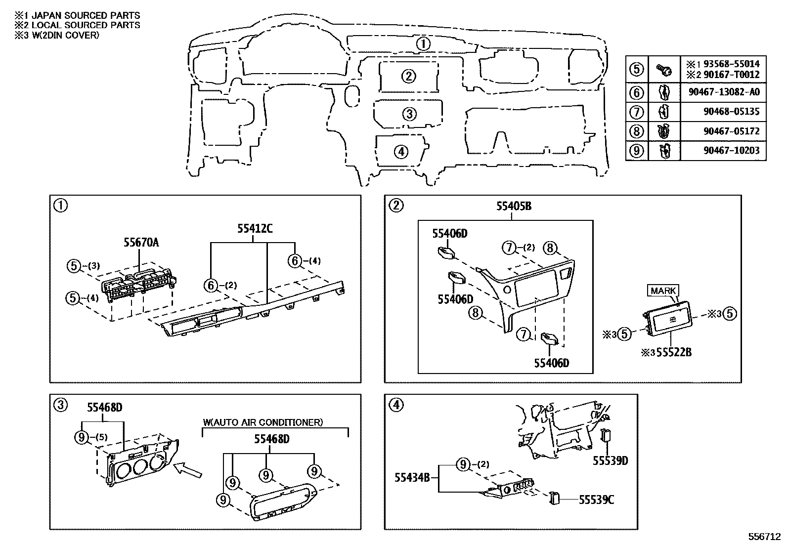 Toyota COROLLA 仪表板和手套箱 EPC diagram — 556712