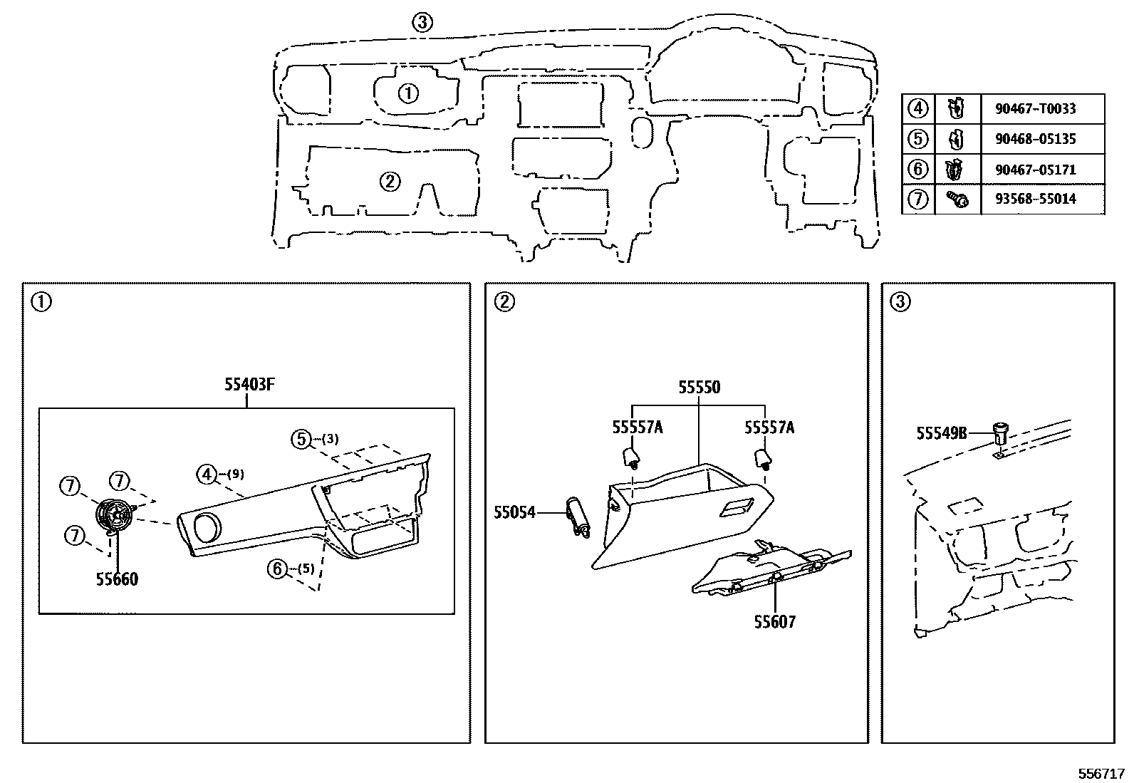 Toyota COROLLA 仪表板和手套箱 EPC diagram — 556717