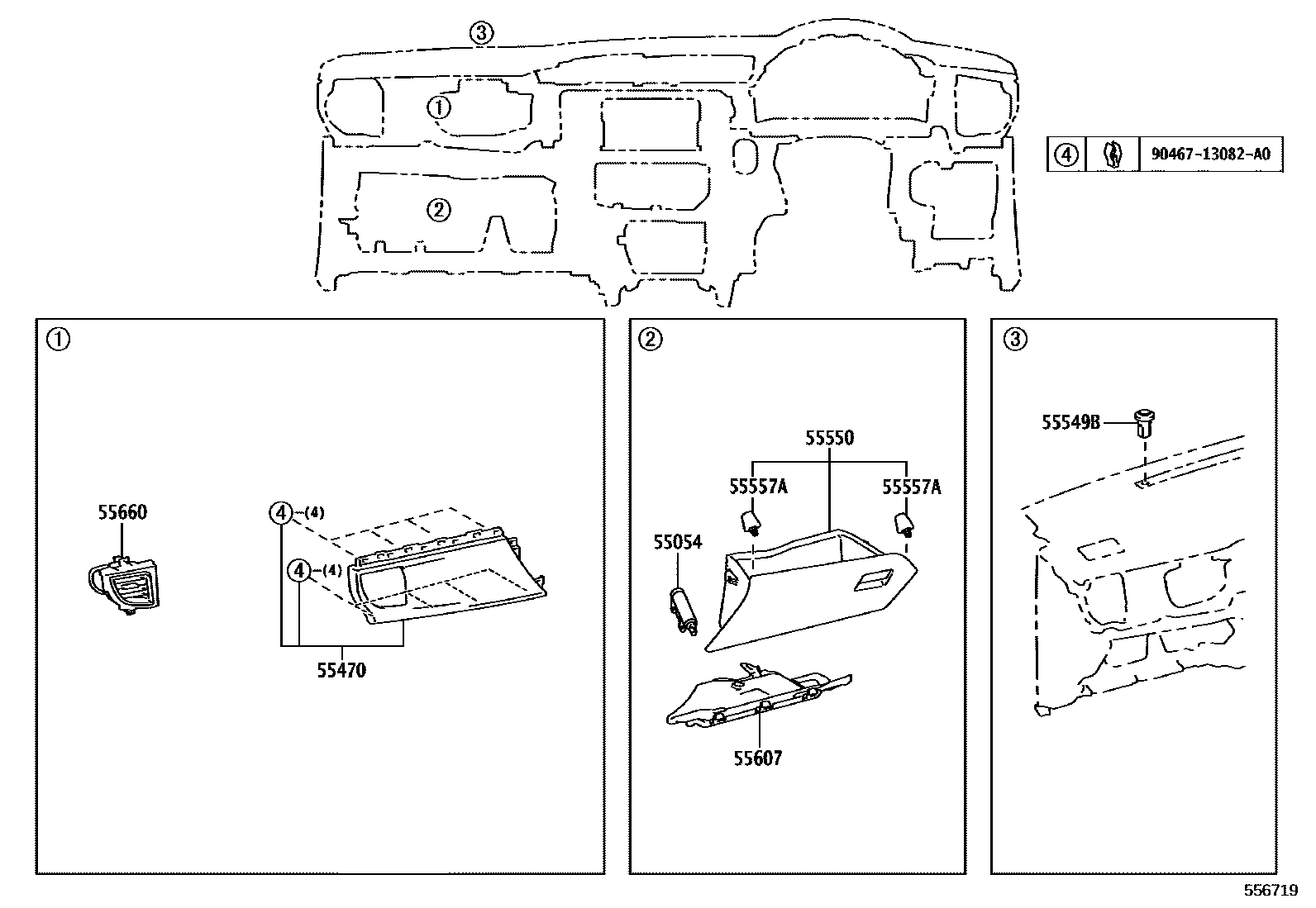 Toyota COROLLA 仪表板和手套箱 EPC diagram — 556719
