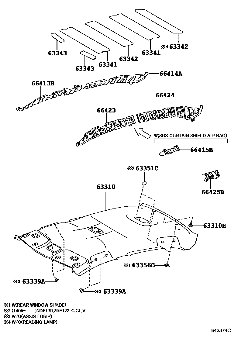 Toyota COROLLA 车顶内衬和消声垫 EPC diagram — 643374C