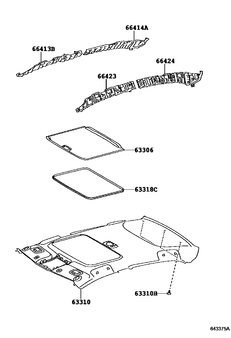 Toyota COROLLA 车顶内衬和消声垫 EPC diagram — 643375A
