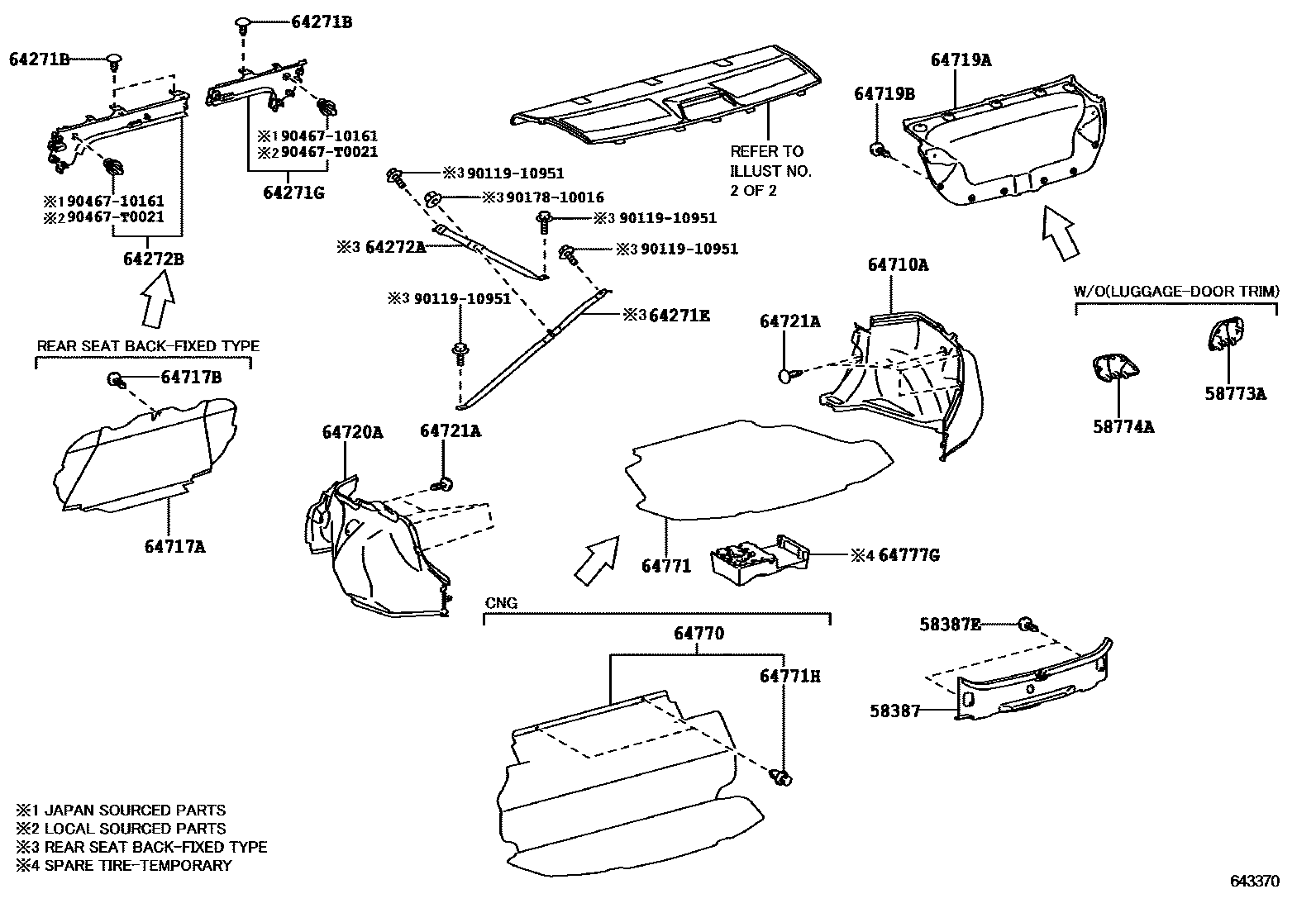 Toyota COROLLA 杂物箱板和行李箱垫 EPC diagram — 643370