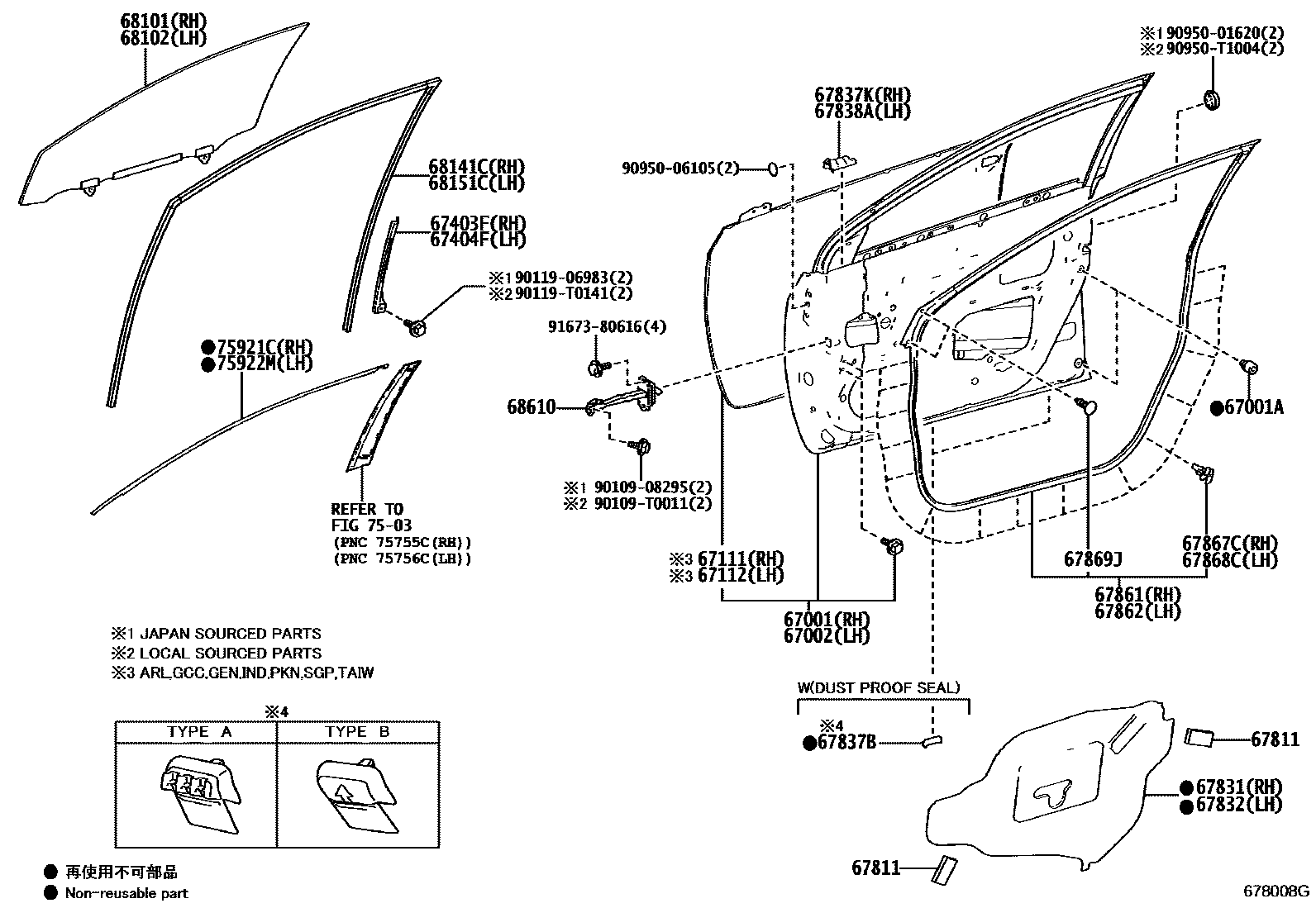 Toyota COROLLA 前门板和前门玻璃 EPC diagram — 678008G