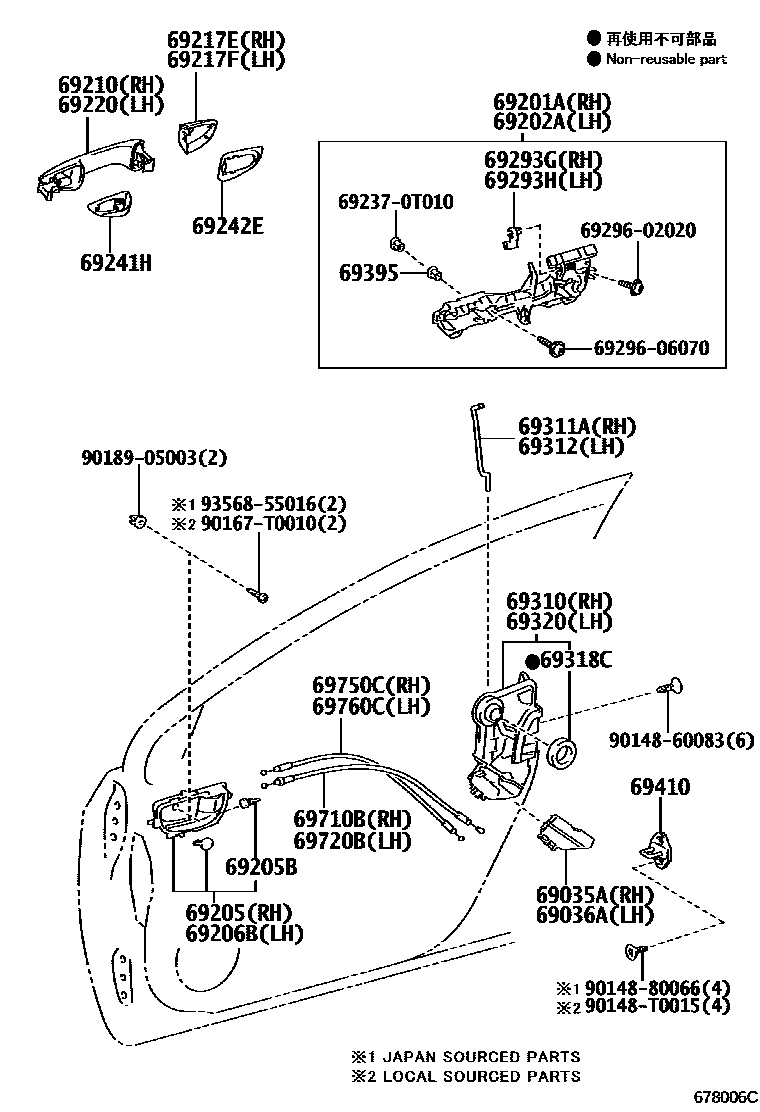 Toyota COROLLA 前门锁和车门把手 EPC diagram — 678006C