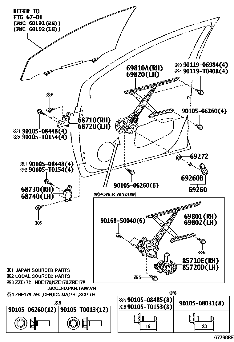 Toyota COROLLA 前门车窗升降器和合页 EPC diagram — 677988E