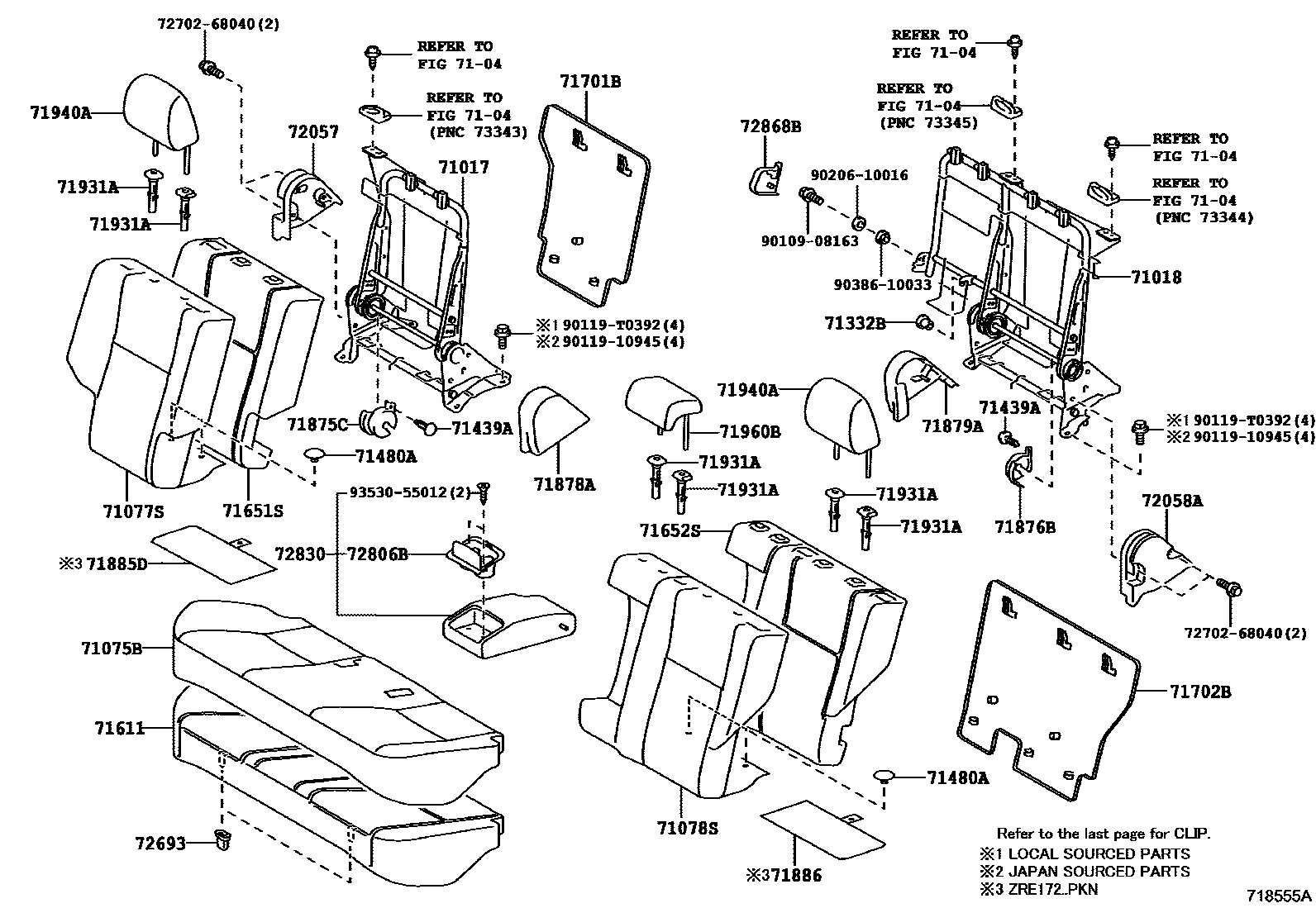 Toyota COROLLA 后排座椅和座椅滑轨 EPC diagram — 718555A