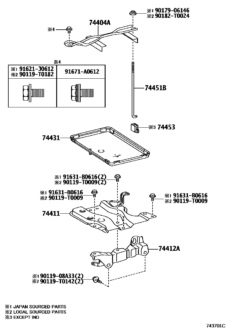 Toyota COROLLA battery holder EPC diagram — 743701C