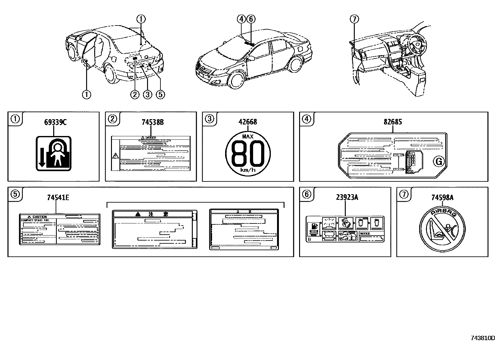 Toyota COROLLA 警示铭牌(车外和车内) EPC diagram — 743810D